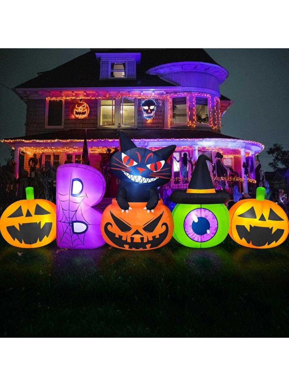 🎃 8FT Halloween Inflatable Pumpkin with Black  Blow up Cat Outdoor Decorations